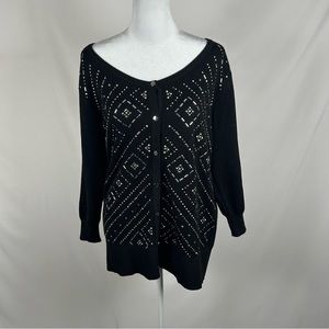 JM Collection Black Rhinestone 3/4 Sleeve Cardigan Sweater